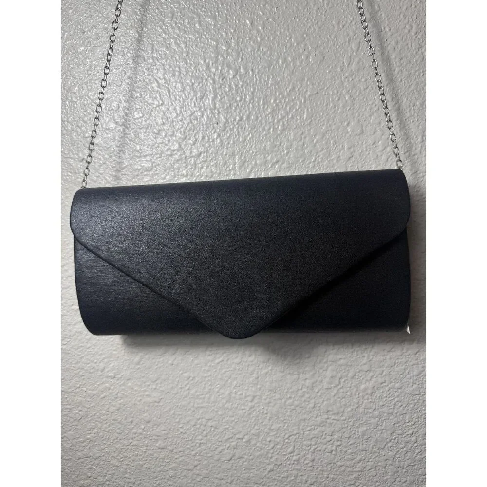 Black Satin Envelope Clutch with Silver Chain